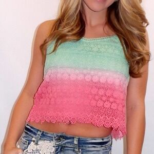 Topshop Ombre Festival Knit Crochet Lace Boho Scallop Edge Crop Tank Top Size 2